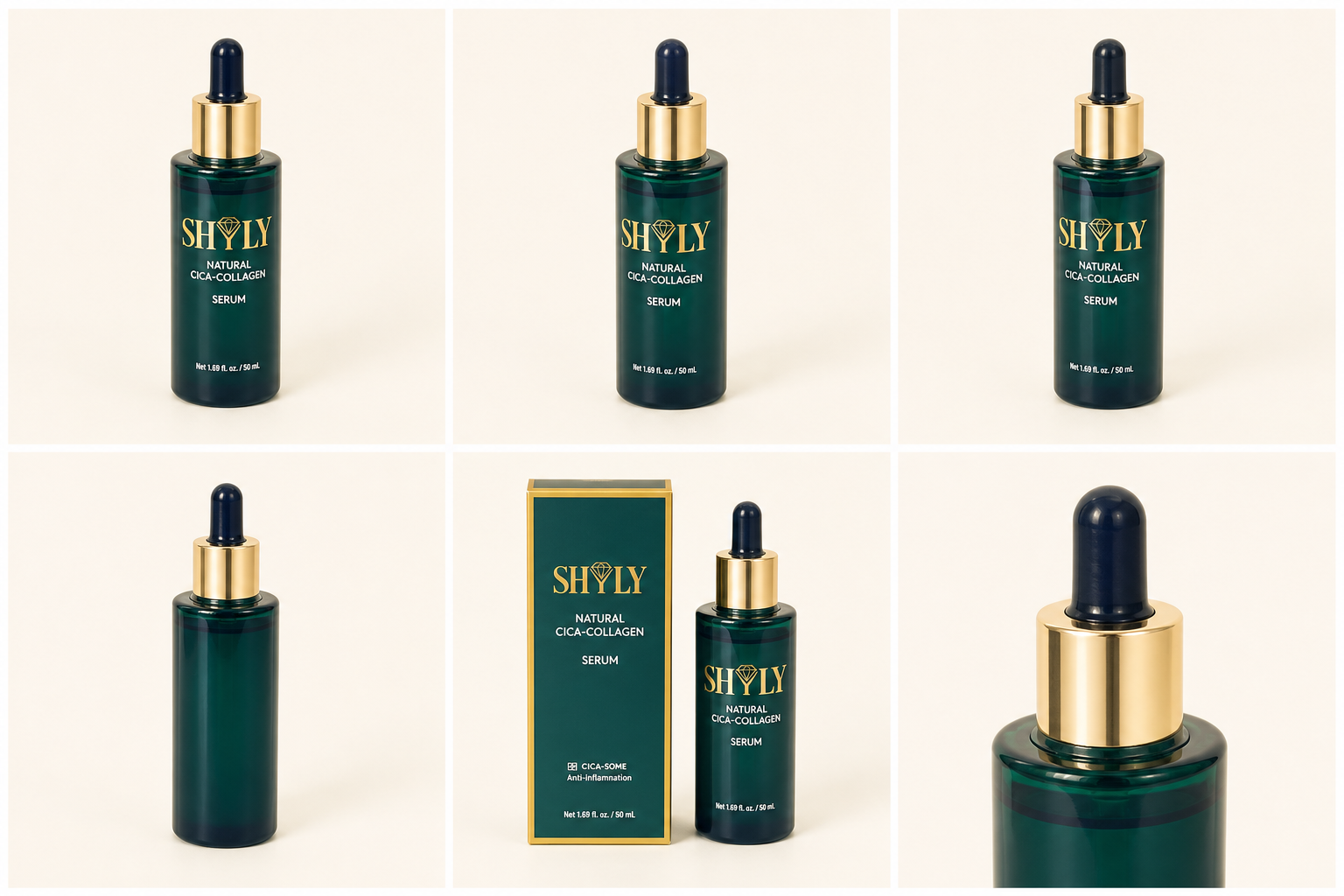 Các góc nhìn chi tiết của chai và hộp Serum Shyly