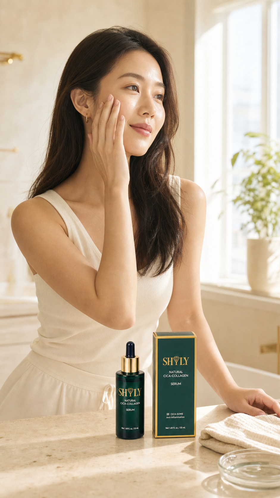 Phụ nữ Việt tại Mỹ cùng chai và hộp Serum Shyly trong không gian sống buổi sáng