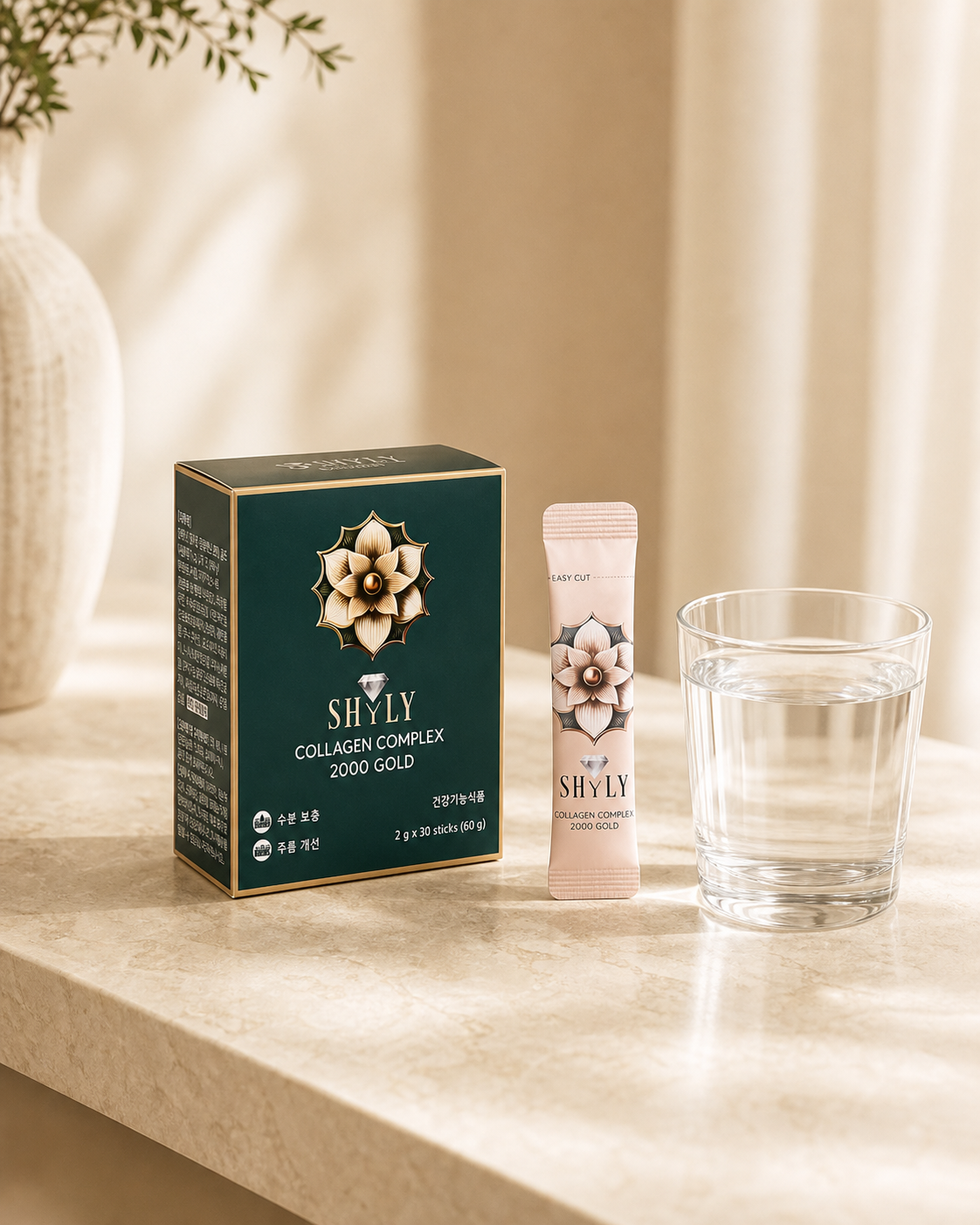 Hộp Collagen Shyly, một gói stick và ly nước trong routine mỗi ngày
