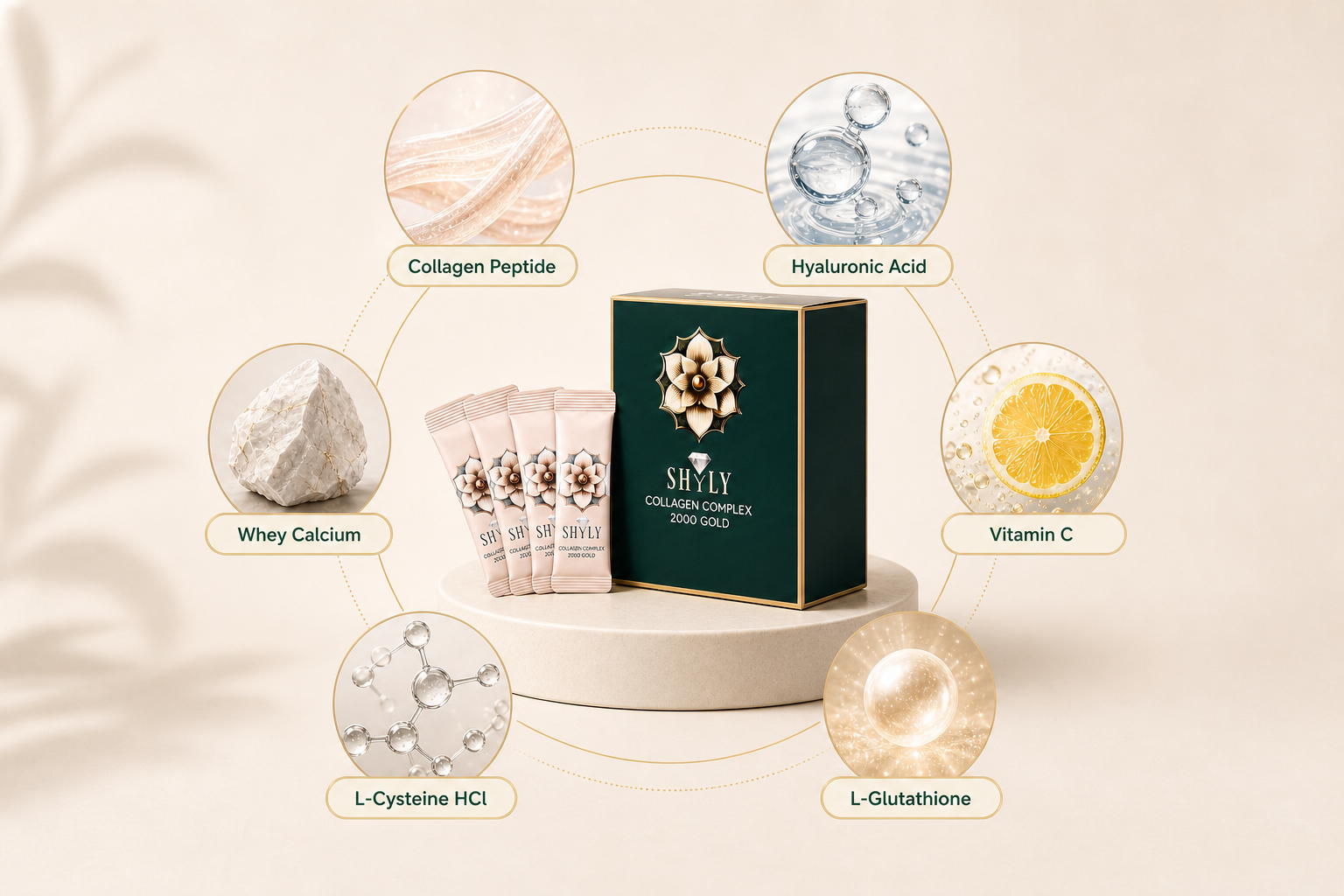 Sáu thành phần trong Collagen Shyly gồm Collagen Peptide, Hyaluronic Acid, Vitamin C, L-Glutathione, L-Cysteine HCl và Whey Calcium