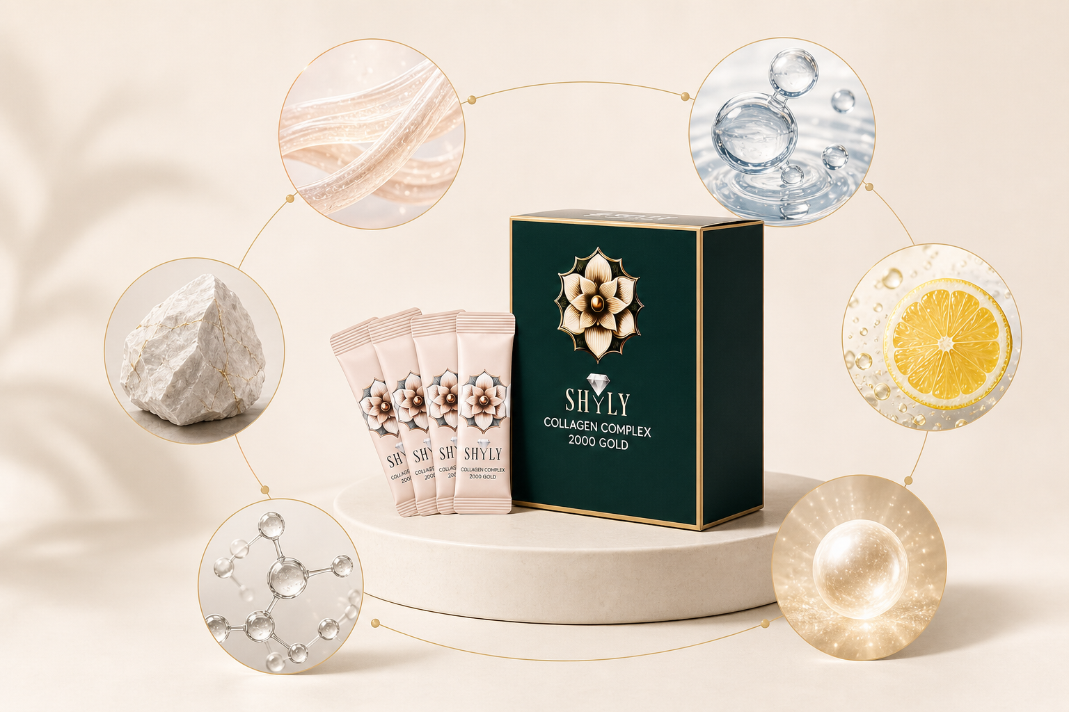 Minh họa sáu nhóm dưỡng chất trong Collagen Shyly gồm collagen peptide, HA, vitamin C, glutathione, L-cysteine và canxi