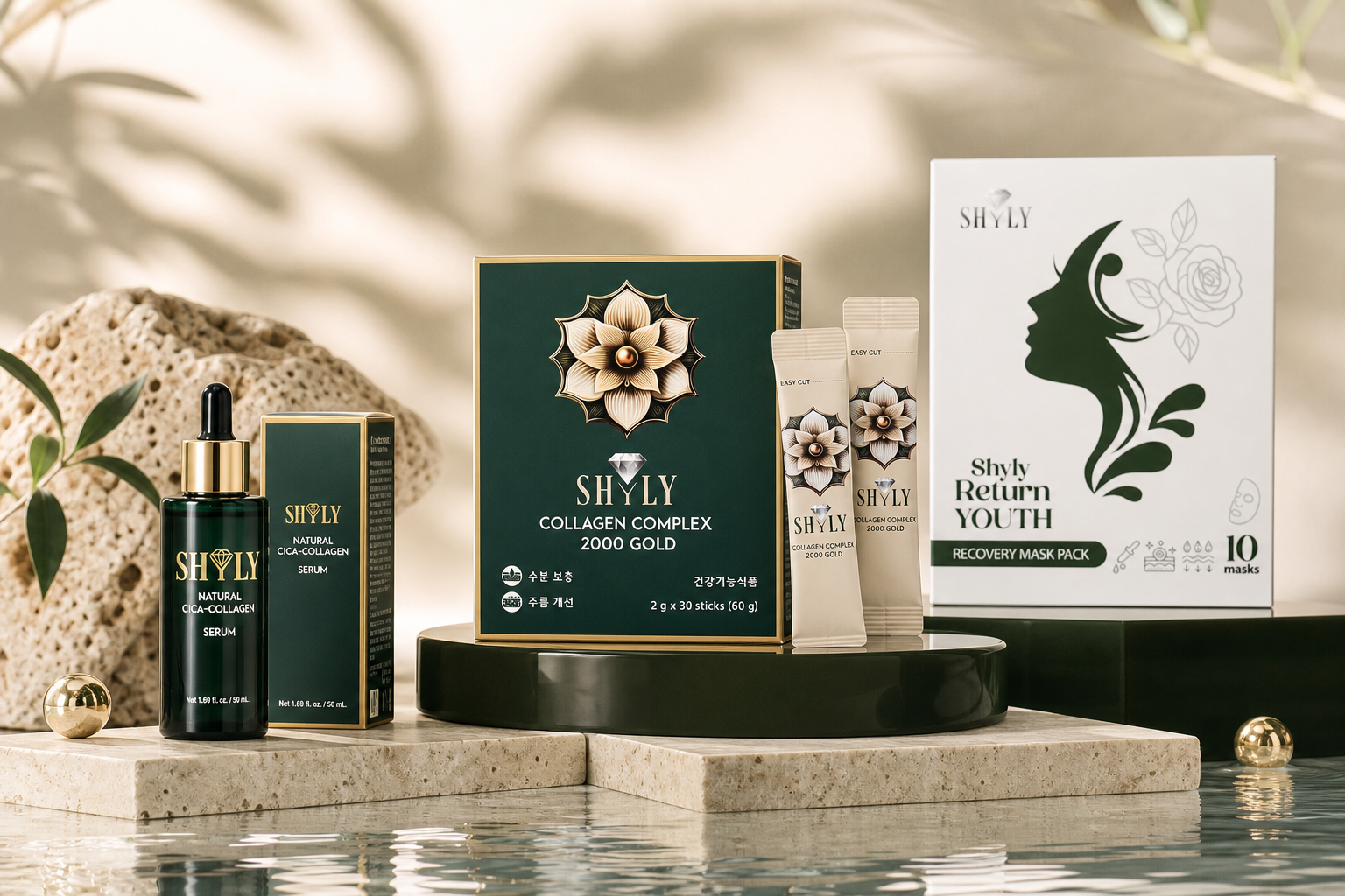 Bộ sản phẩm Shyly gồm Collagen, Serum và Recovery Mask